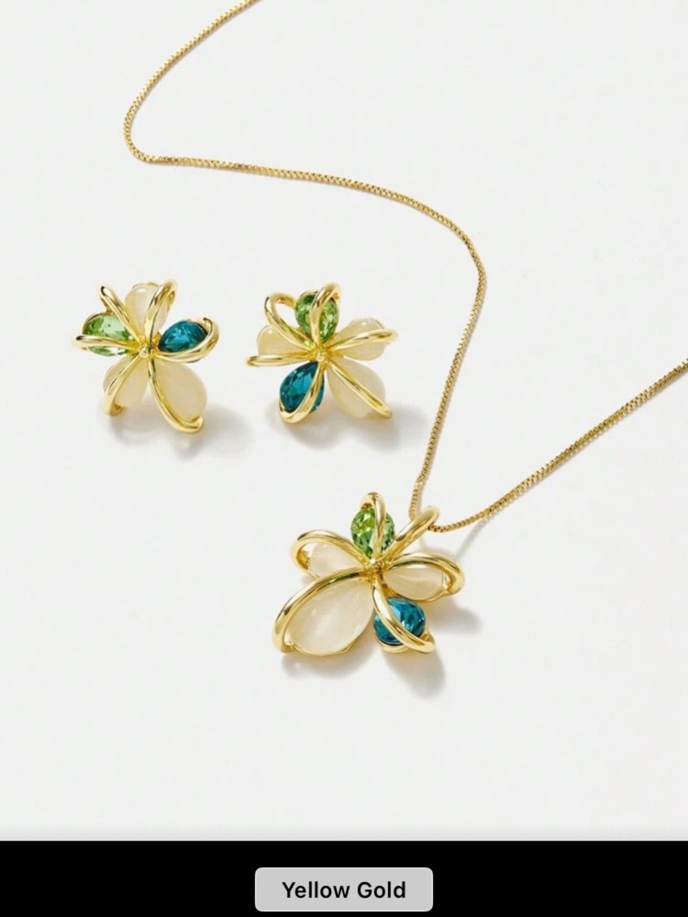 Yellow Gold Floral Necklace and Stud Earrings with Green and Blue Stones